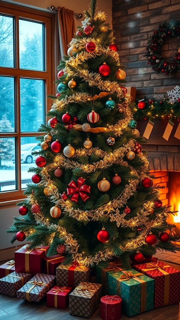 A festive Christmas tree with lights and ornaments, gifts underneath, and a cozy fireplace.